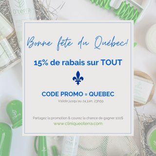 Promotion Fête nationale du Québec 💚
 
Pour souligner le tout, quoi de mieux qu’une belle promotion pour vous gâter! ☀
L’occasion parfaite pour faire l’achat de traitements ou de produits!
 
On vous donc offre 15% de rabais sur TOUT! 💚
 
Code promo = QUEBEC
Valide jusqu’au 24 juin, 23h59
 
Merci pour votre confiance & bonne St-Jean! 💚
 
.
.
.
.
.
#oterra #oterratribe #promo #promotion #Québec #fetenationale #produitsquebecois #naturel #traitement